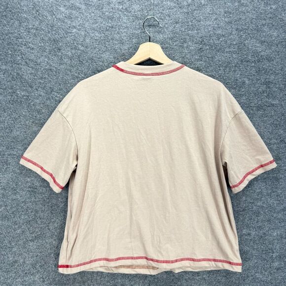 New SheIn T-Shirt Women M Medium Beige Bird Print Short Sleeve Crew Neck Cotton - Picture 2 of 8